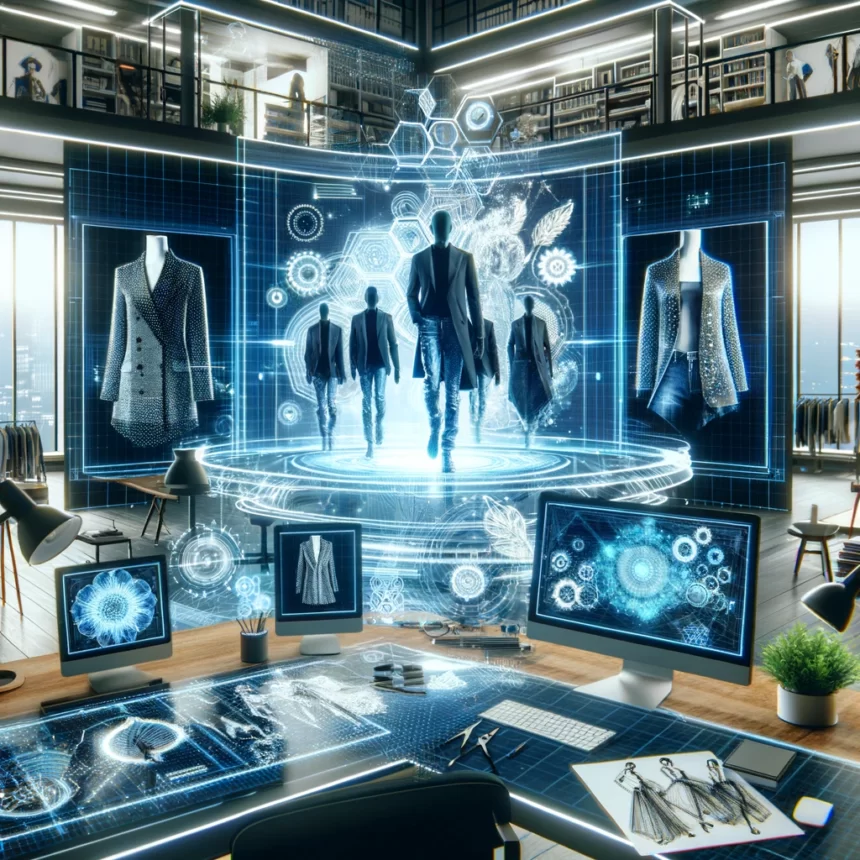 Futuristic fashion design studio with AI-powered technology, showcasing a blend of traditional and digital clothing design concepts.